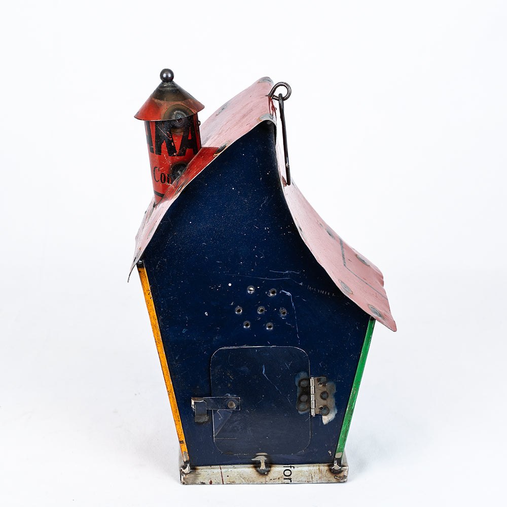 Recycled / Upcycled Tin Blue Birdhouse Cottage.