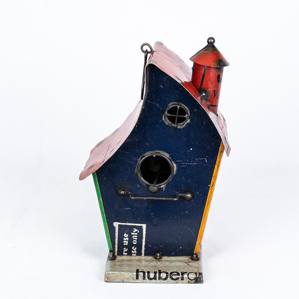 Recycled / Upcycled Tin Blue Birdhouse Cottage.