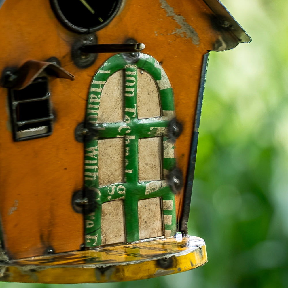 Recycled / Upcycled Orange Tin Cottage Birdhouse.