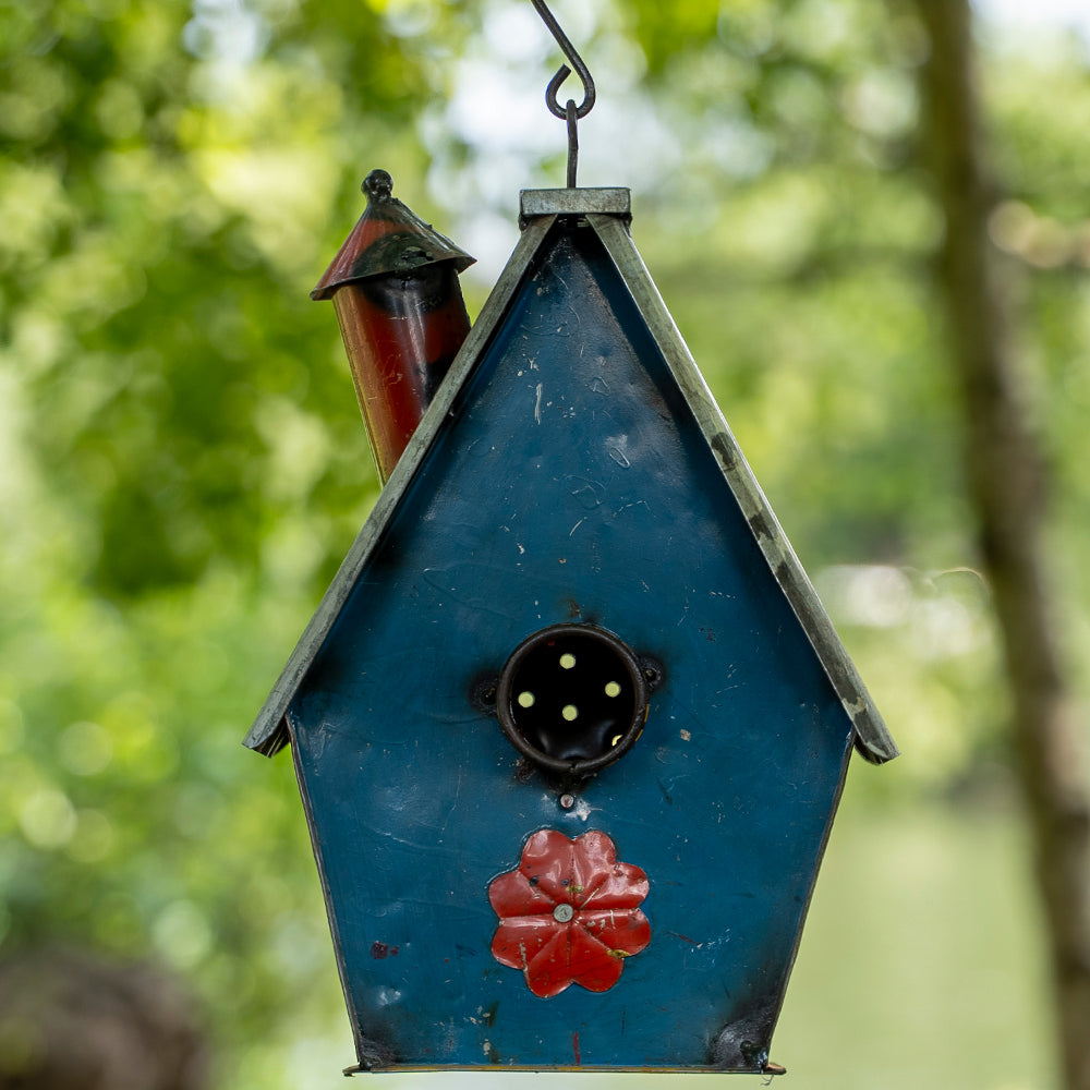 Upcycled Metal Bird House with Corrugated Roof.