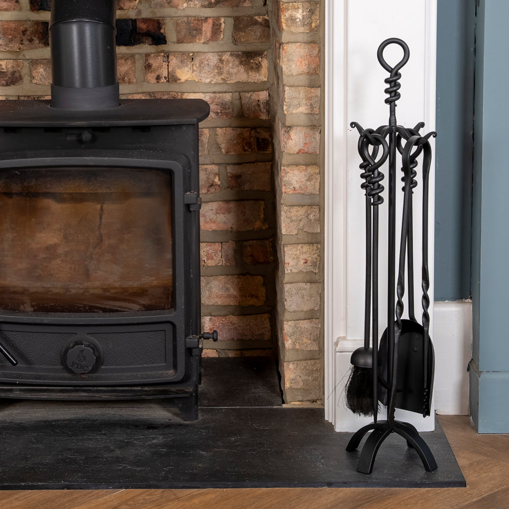 Wrought Iron 4 Piece Fireplace Companion Set - Black.