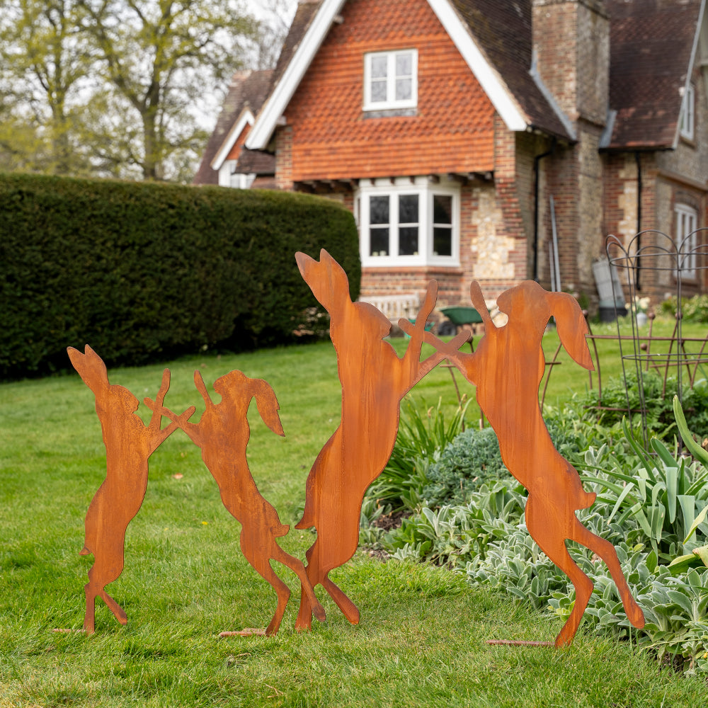 Rustic Boxing Hares Garden Ornament - Available in Two Sizes.