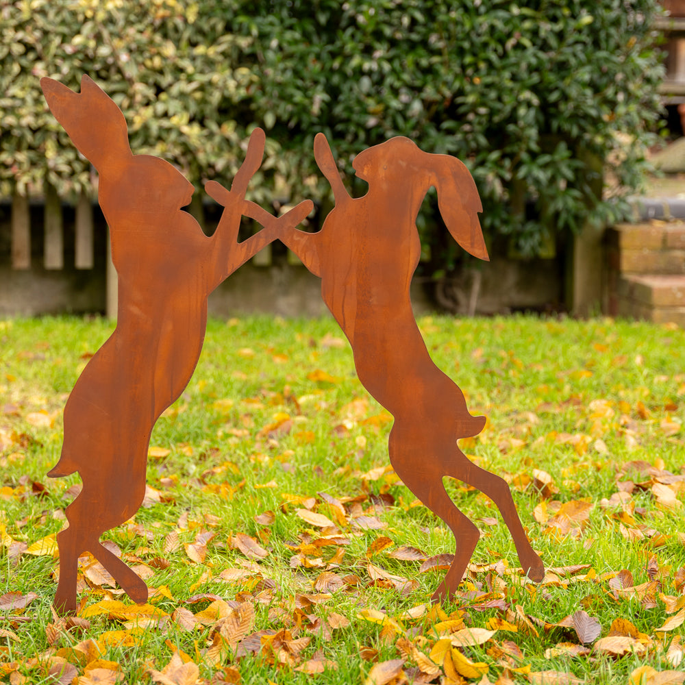 Rustic Boxing Hares Garden Ornament - Available in Two Sizes.