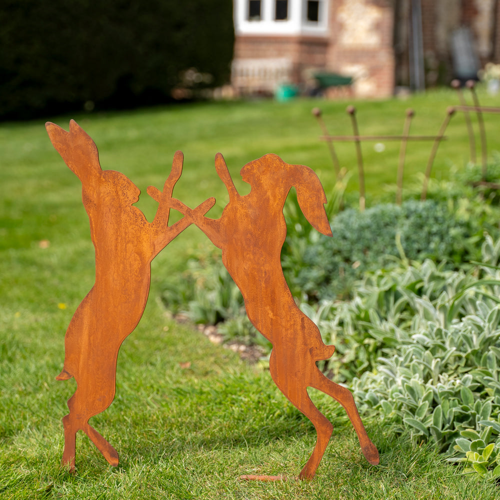 Rustic Boxing Hares Garden Ornament - Available in Two Sizes.