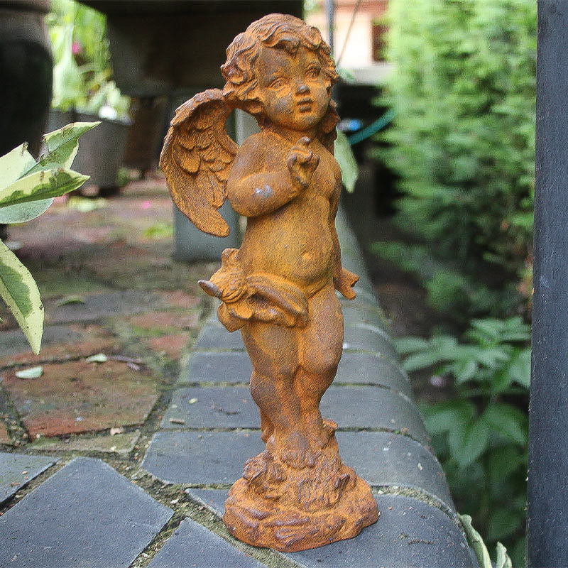 Cast Iron Cherub Statue with Bird Outdoor Garden Statue.