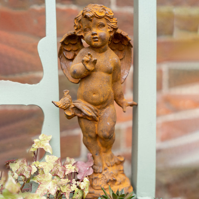 Cast Iron Cherub Statue with Bird Outdoor Garden Statue.