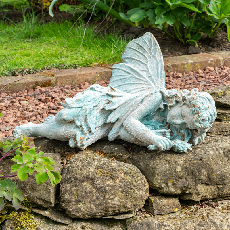 Cast Iron Lying Fairy in Verdigris Finish.