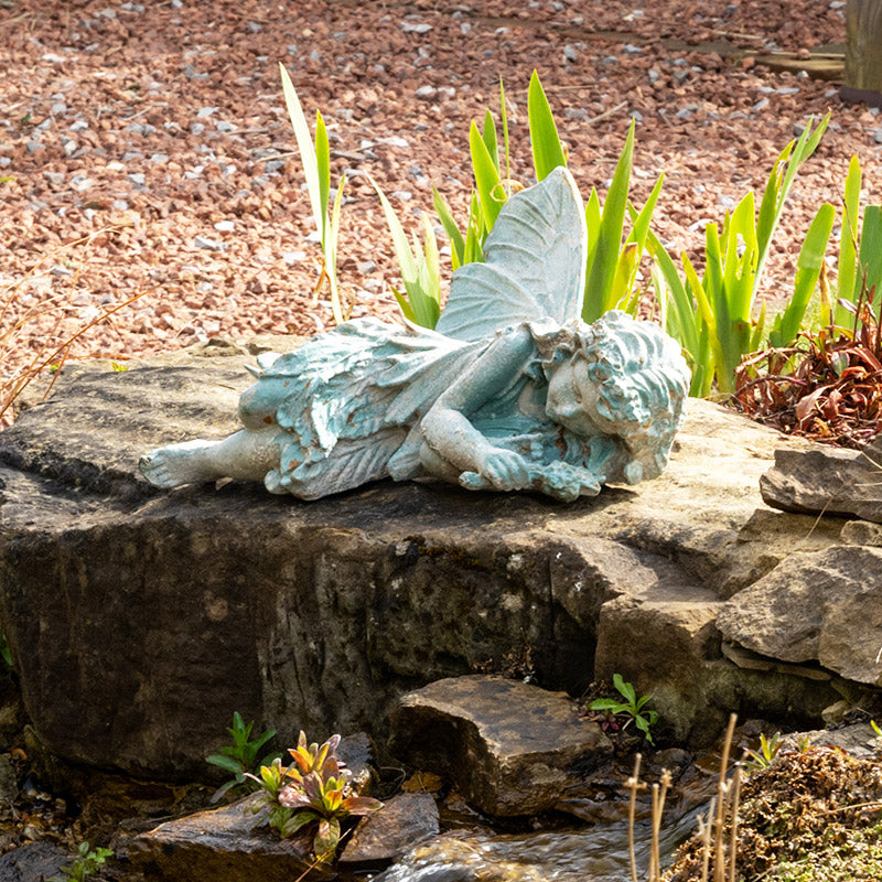 Cast Iron Lying Fairy in Verdigris Finish.