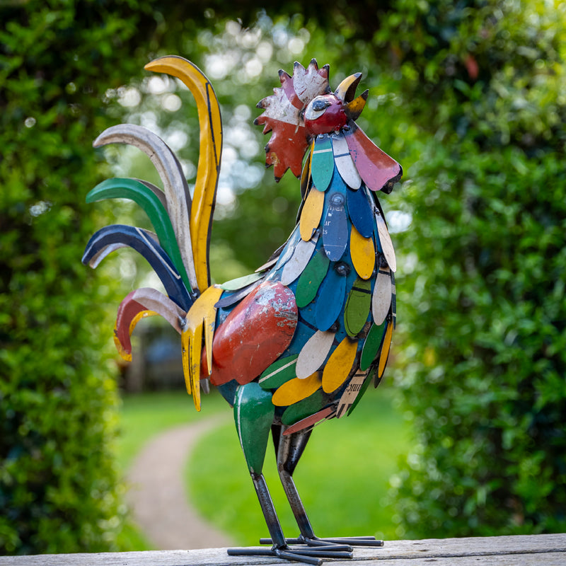 Handmade Tin Upcycled Clucking Cockerel Garden Ornament.