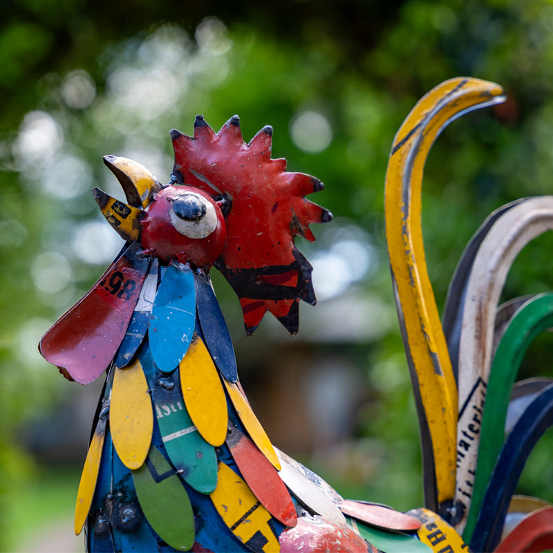 Handmade Tin Upcycled Clucking Cockerel Garden Ornament.