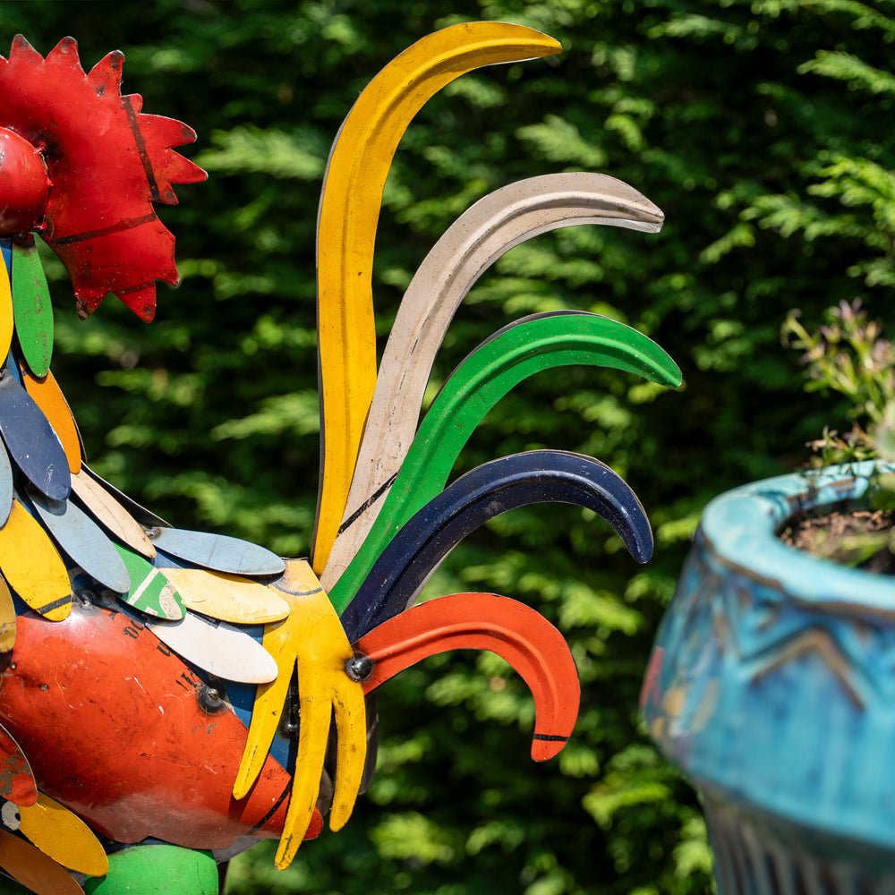Handmade Tin Upcycled Clucking Cockerel Garden Ornament.