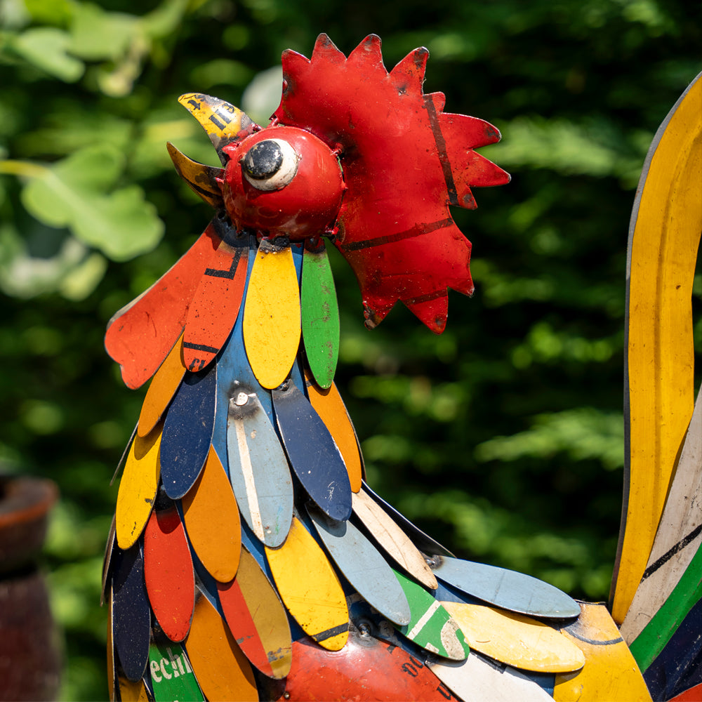 Handmade Tin Upcycled Clucking Cockerel Garden Ornament.