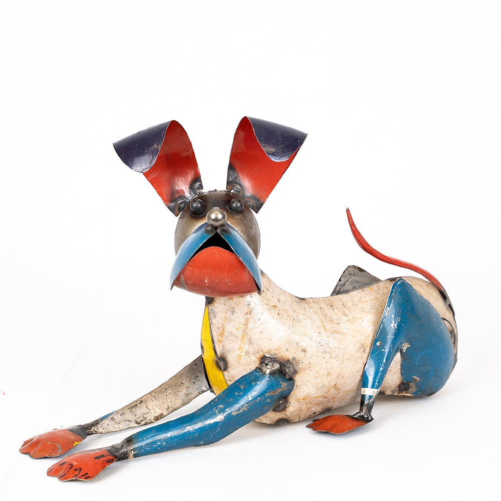 Recycled / Upcycled Tin Lying Dog Sculpture.