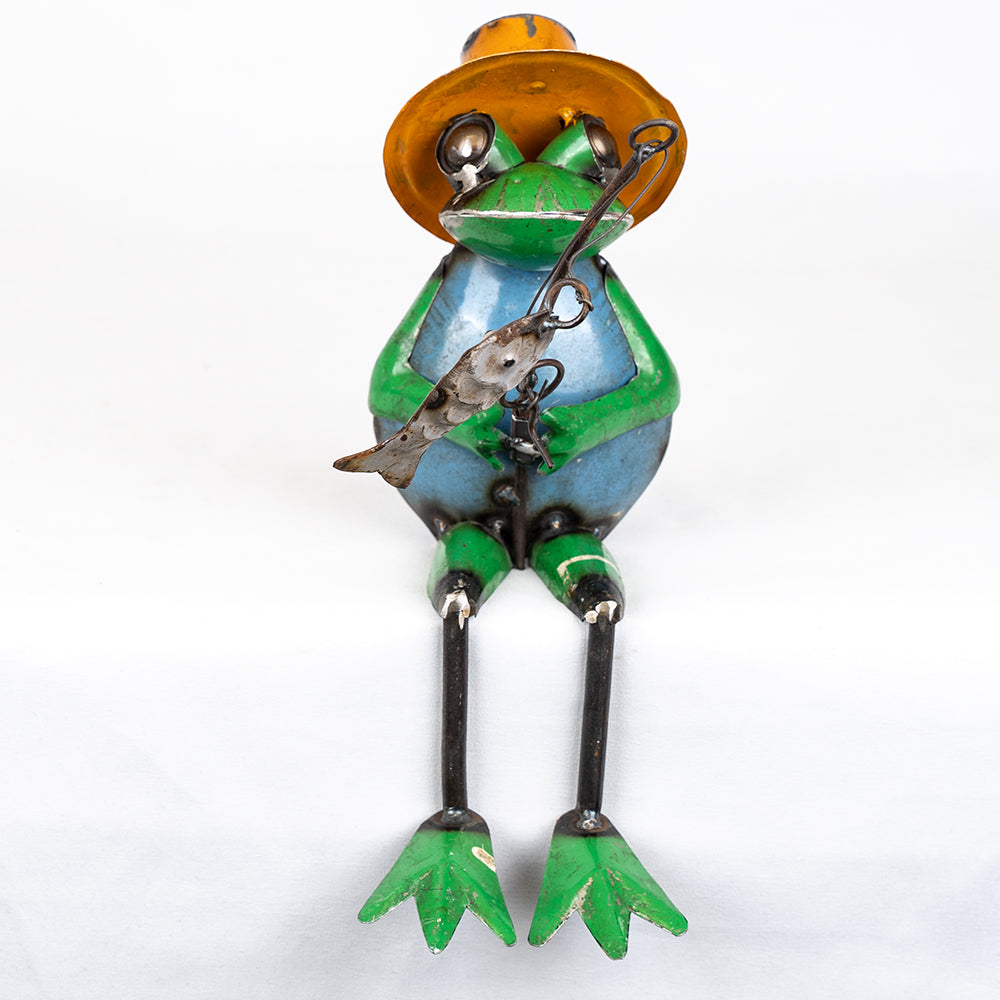 Recycled / Upcycled Tin Frog Fishing Sculpture.