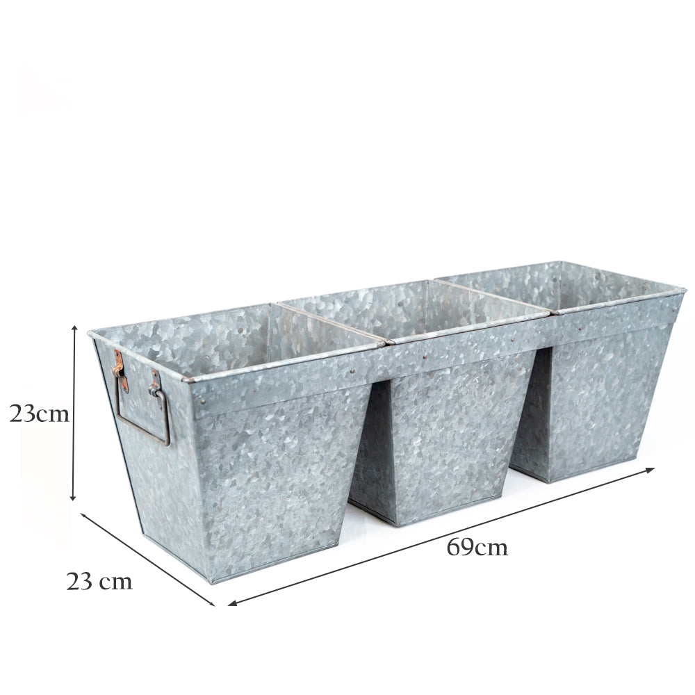 Three Galvanised Connected Planters.
