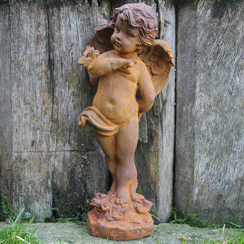 Cherub Statue with Butterfly in Cast Iron Rust Finish.
