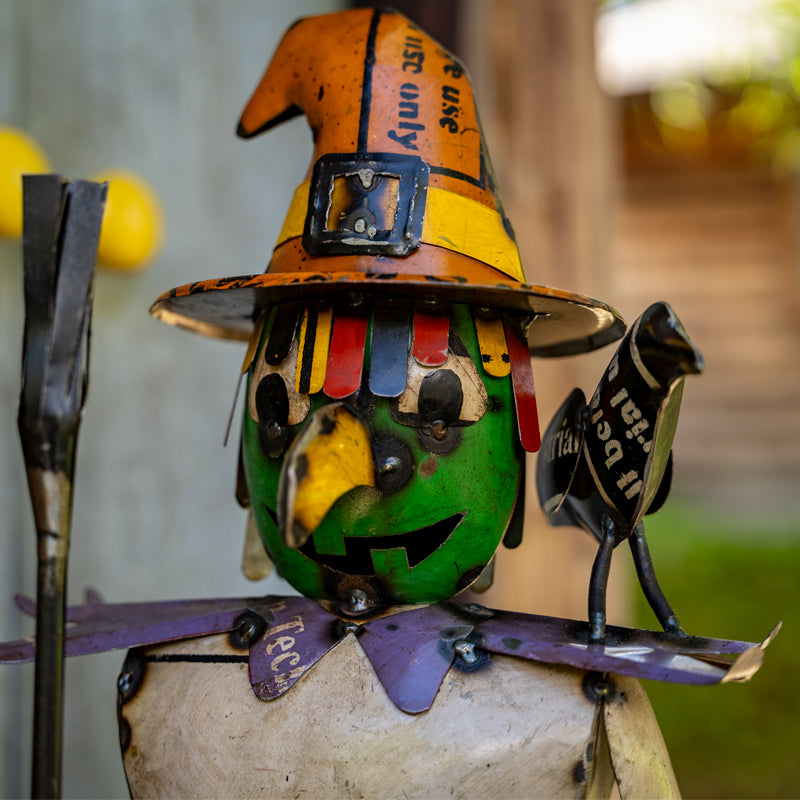 Handmade Recycled Witch Tin, Metal Witch Garden Scarecrow.