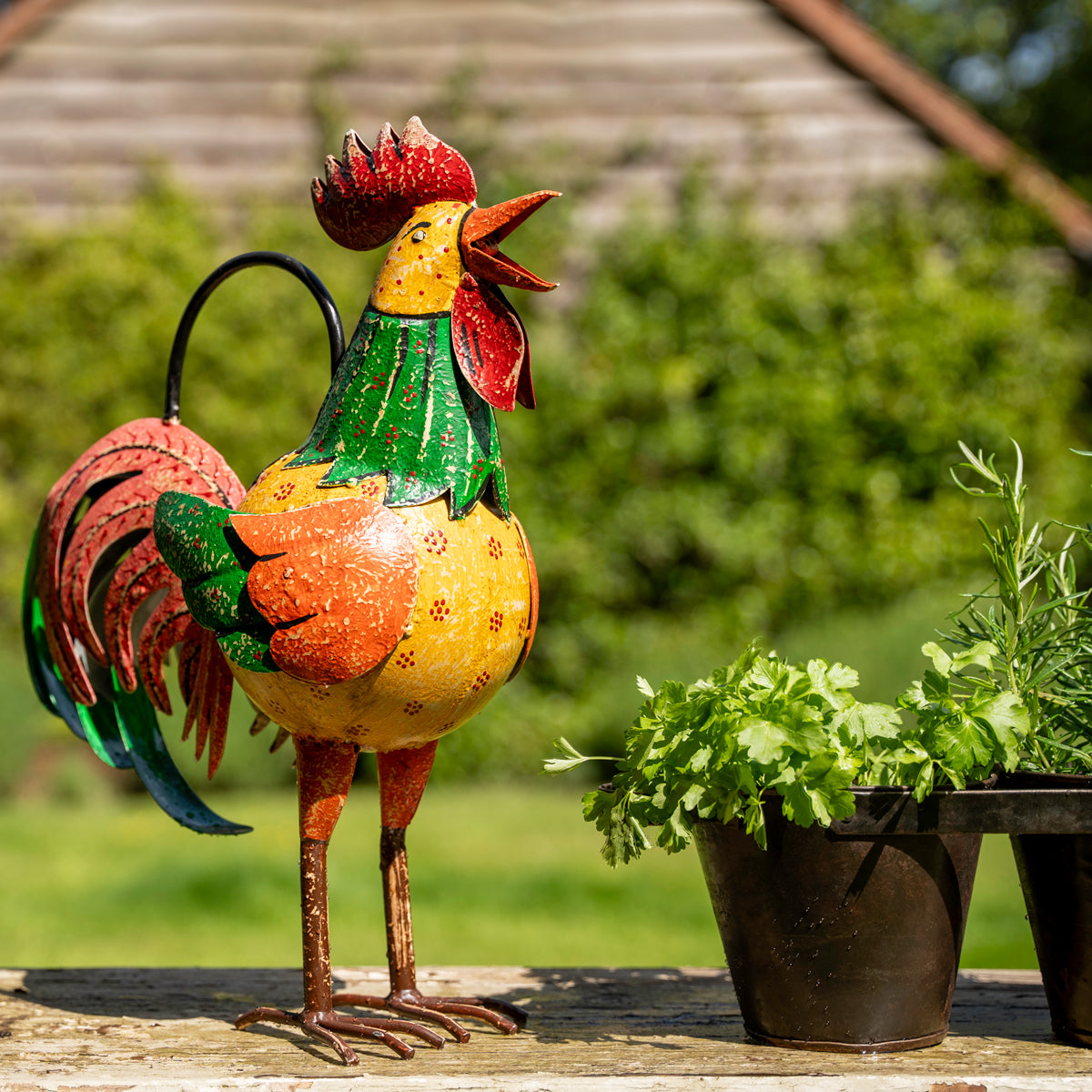 Colorful metal rooster sculpture on a wooden surface with plants in the background