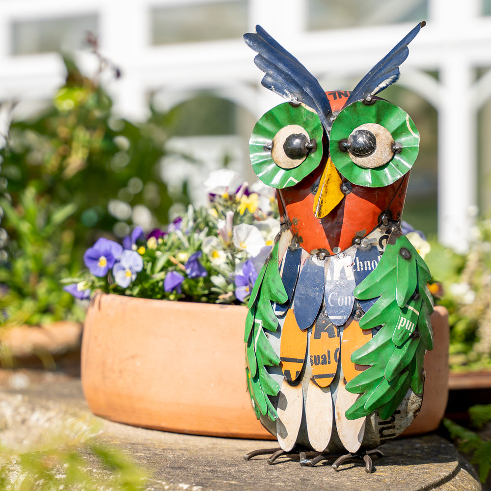 Handmade Tin Upcycled Large Owl Garden Ornament.
