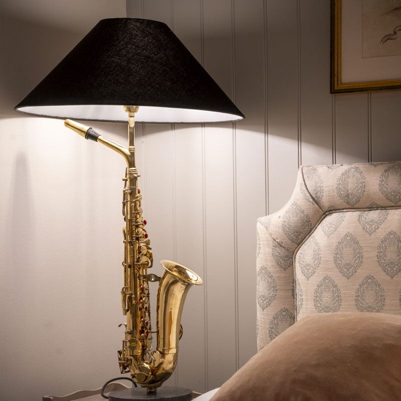 Large Saxophone Table Lamp with Black Shade.