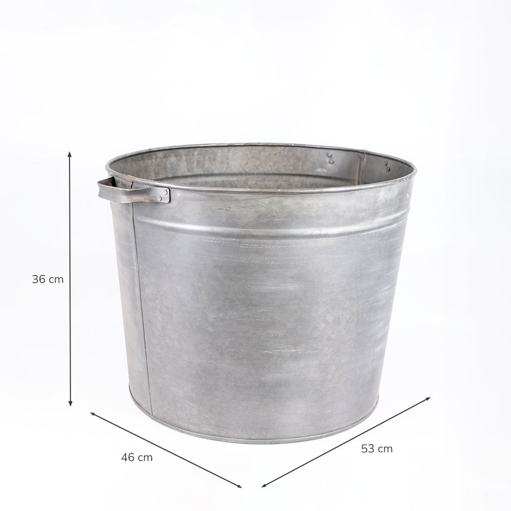 Galvanized metal bucket with handle, shown with dimension lines indicating a height of 36 cm, width of 46 cm, and depth of 53 cm on a white background.