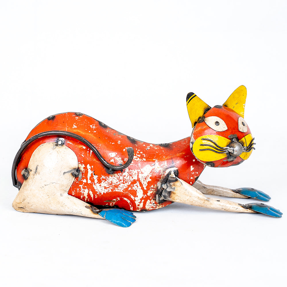 Recycled / Upcycled Tin Lying Cat Sculpture.