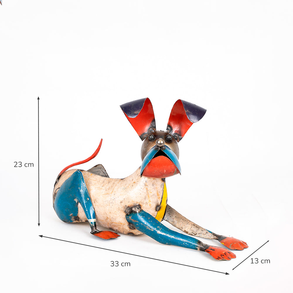 Recycled / Upcycled Tin Lying Dog Sculpture.
