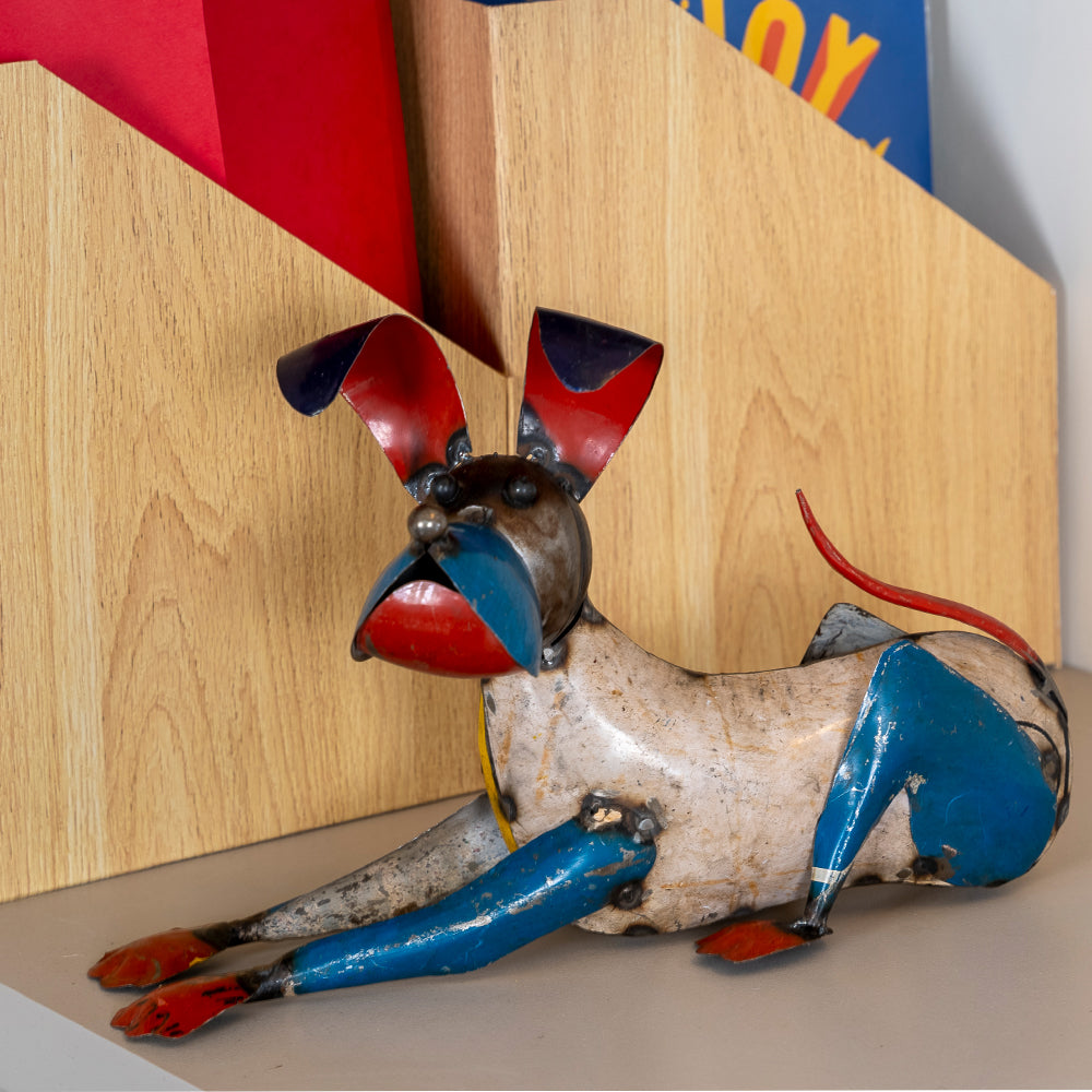 Recycled / Upcycled Tin Lying Dog Sculpture.