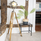 Marine Spotlight Floor Lamp with Natural Teak Wood Tripod.