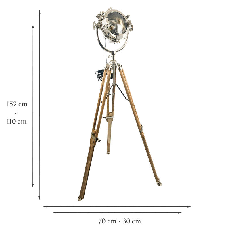 Marine Spotlight Floor Lamp with Natural Teak Wood Tripod.