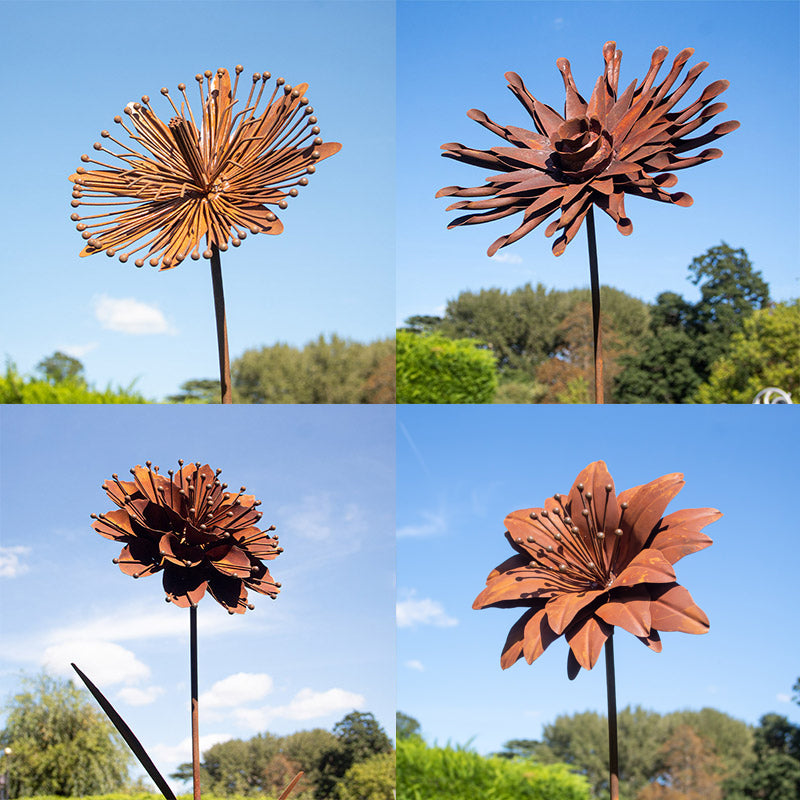 Rusted Metal Flowers Garden Stake Set of 4.
