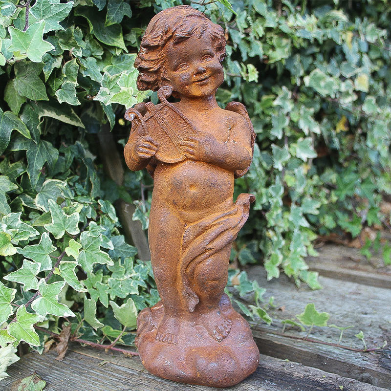 Outdoor Cast Iron Cherub with Harp.