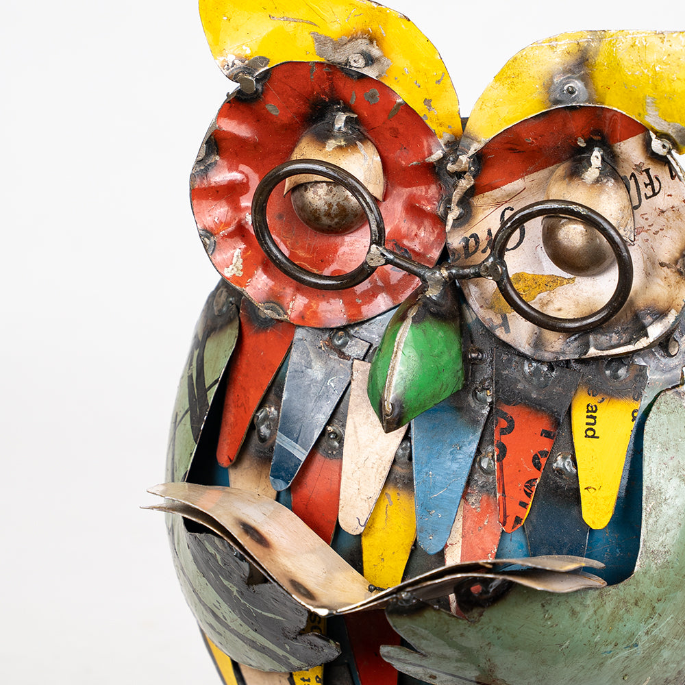 Recycled / Upcycled Tin Seated Owl Sculpture.