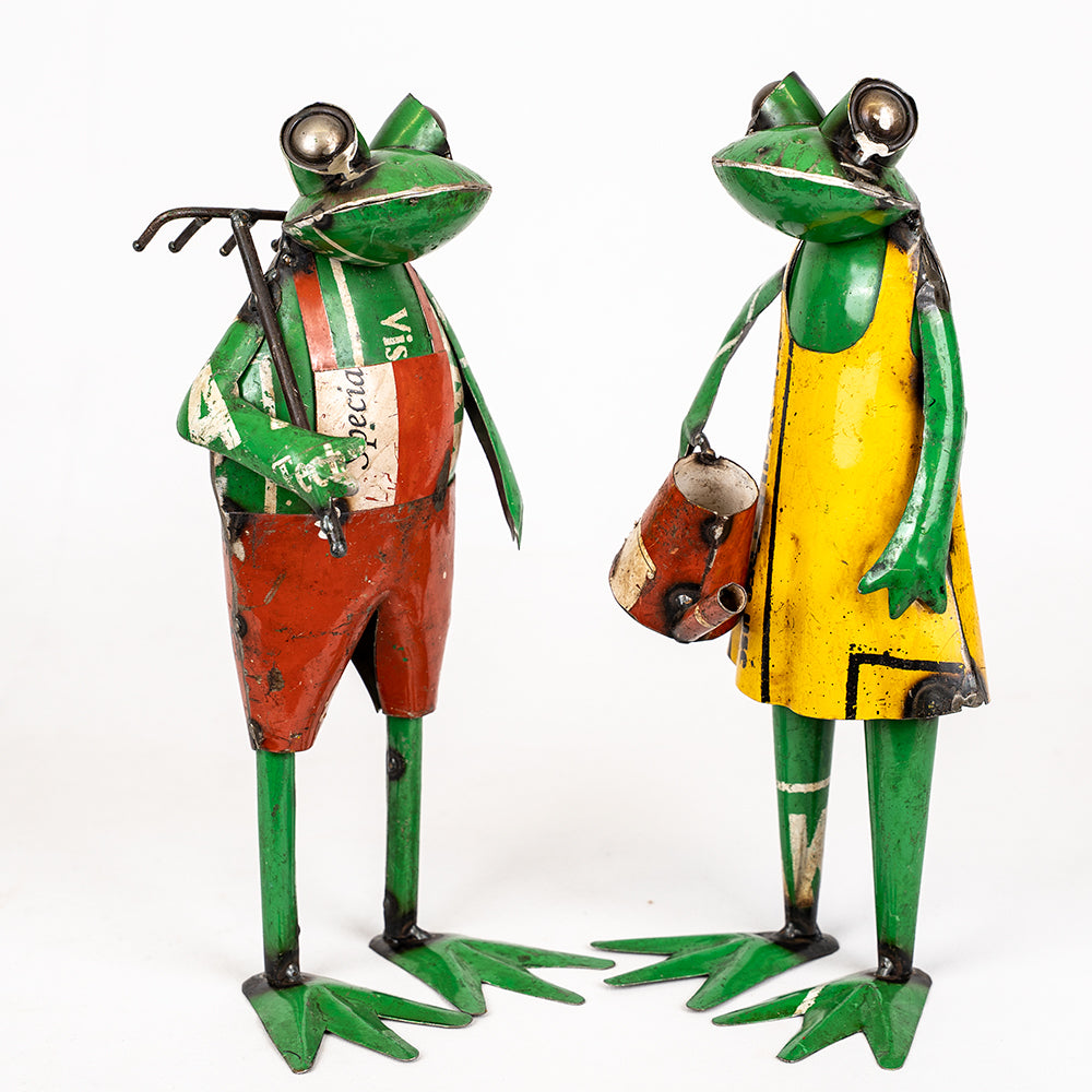 Pair of Recycled / Upcycled Tin Gardener Frogs.