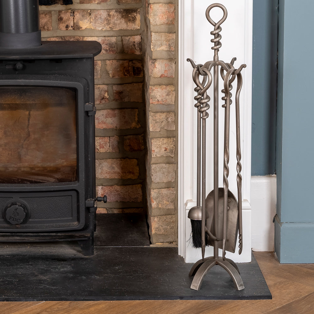 Wrought Iron Fireplace Tools Set - Pewter.