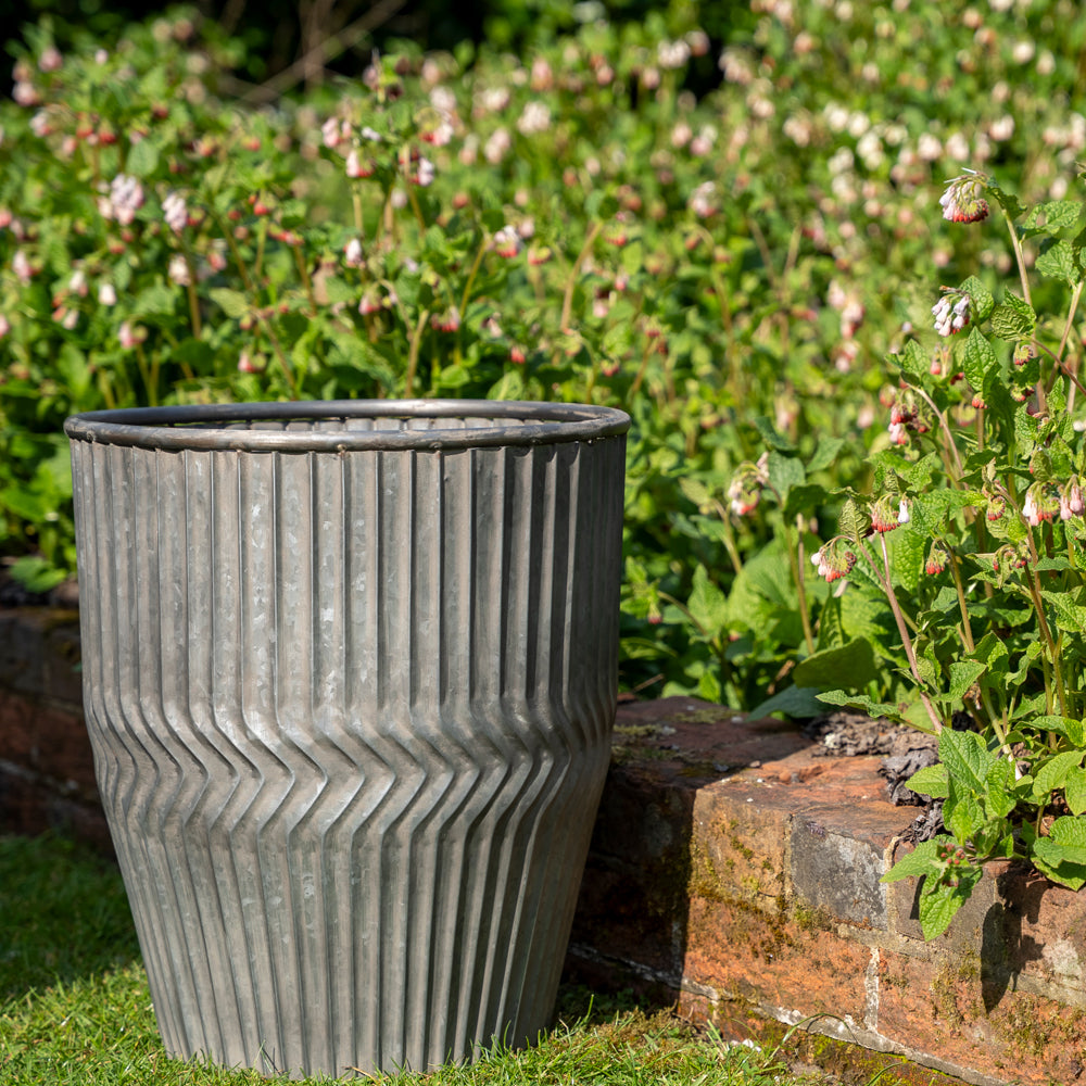Tall Galvanised Chevron Dolly Planters.