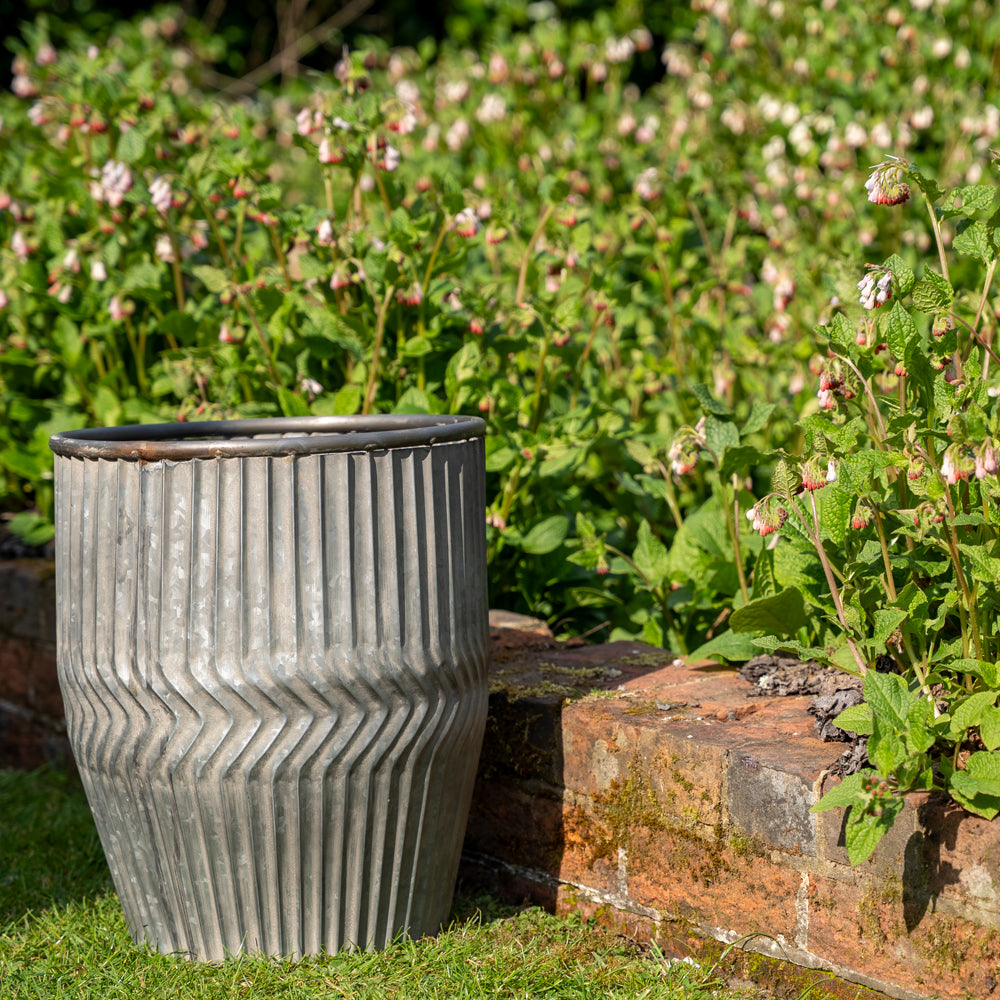 Tall Galvanised Chevron Dolly Planters.