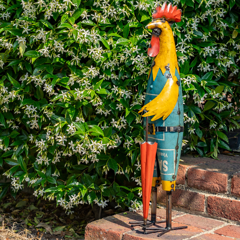 Recycled / Upcycled Mr Rooster with Umbrella Statue.