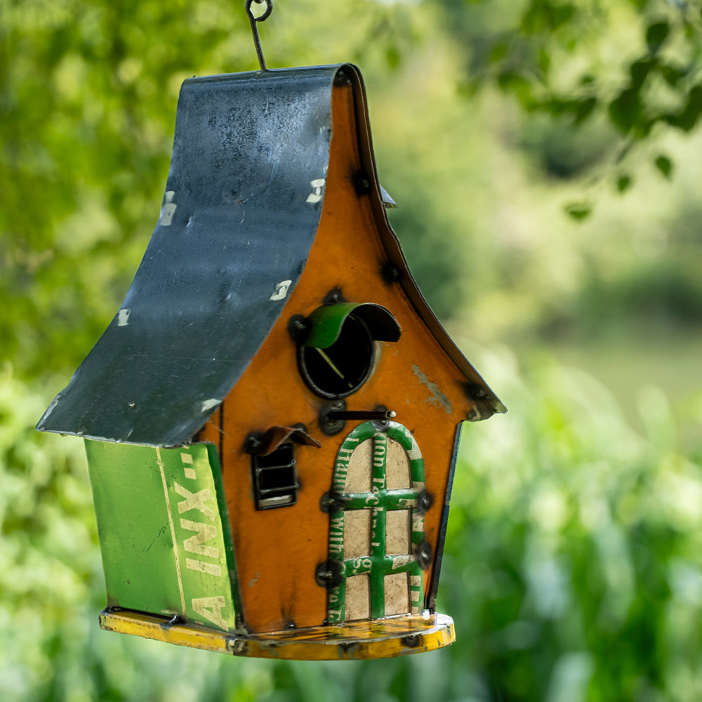 Recycled / Upcycled Orange Tin Cottage Birdhouse.