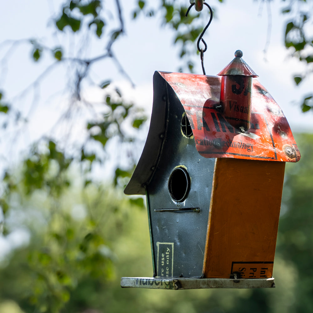 Recycled / Upcycled Tin Blue Birdhouse Cottage.