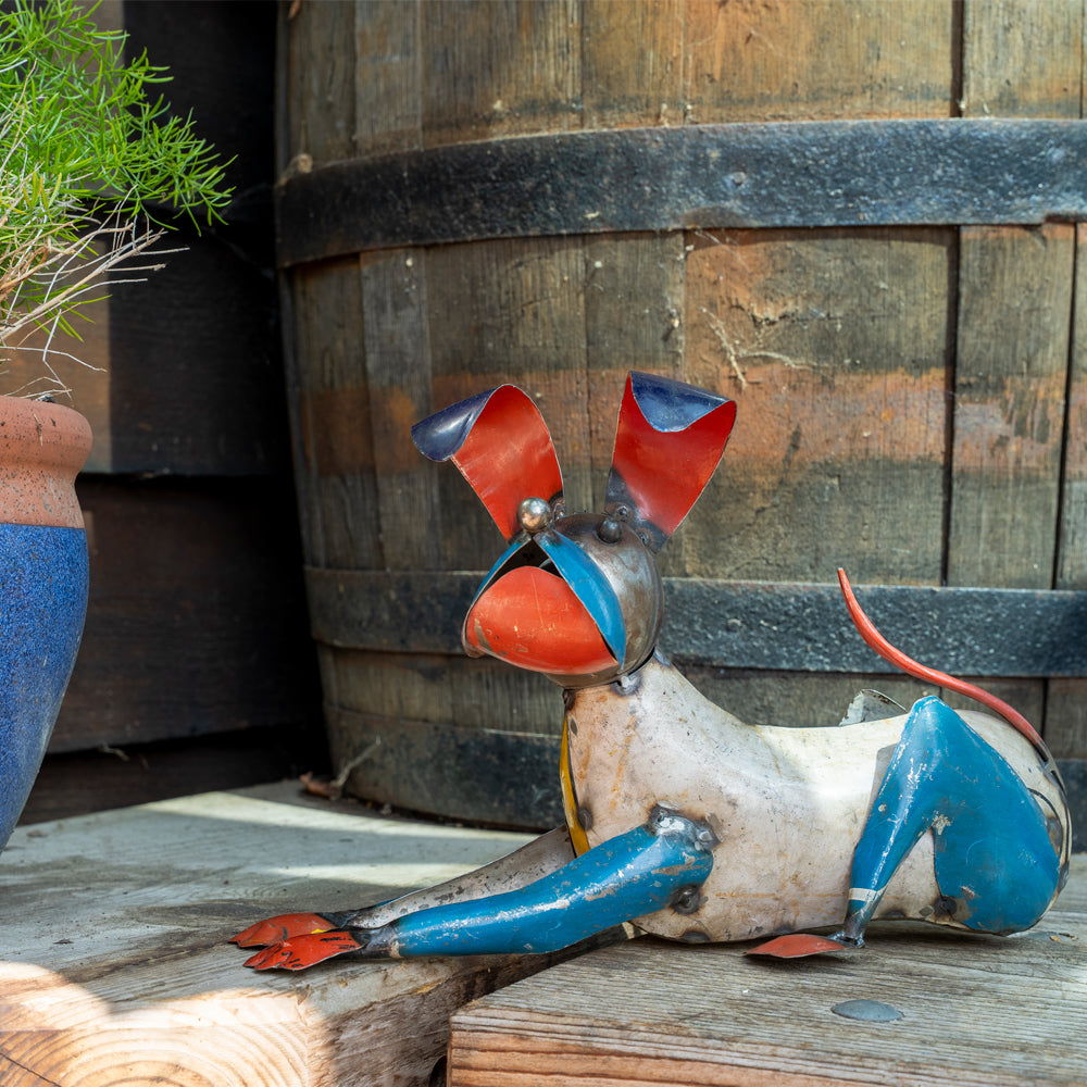 Recycled / Upcycled Tin Lying Dog Sculpture.