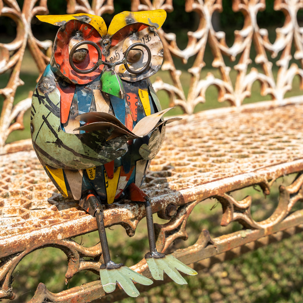 Recycled / Upcycled Tin Seated Owl Sculpture.