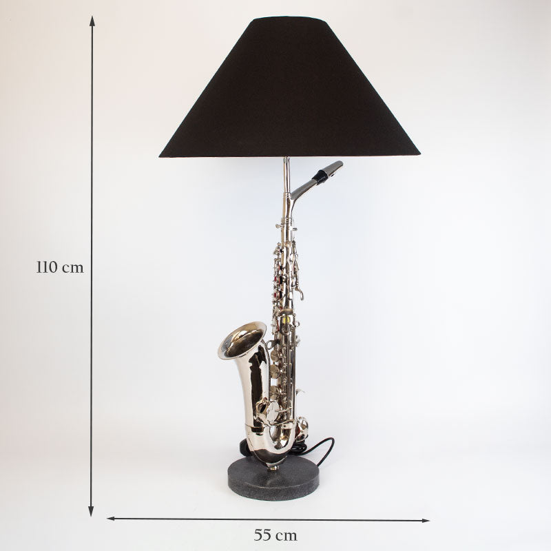 Large Saxophone Table Lamp with Black Shade.