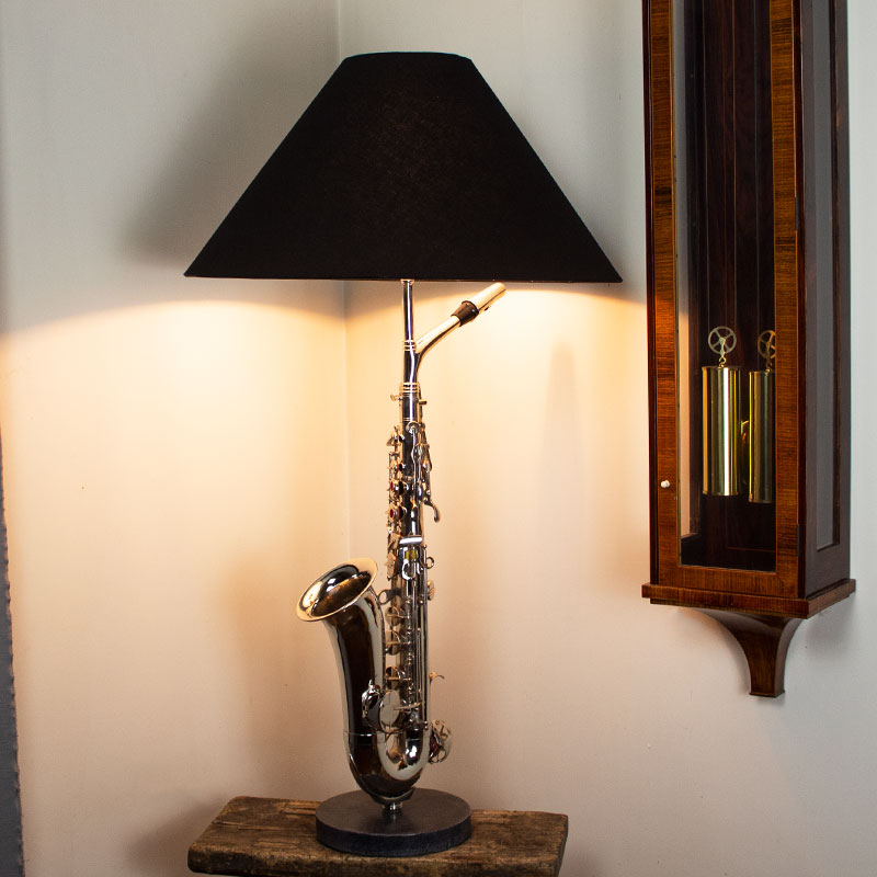 Large Saxophone Table Lamp with Black Shade.
