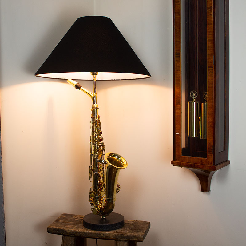 Large Saxophone Table Lamp with Black Shade.