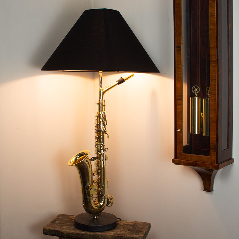 Large Saxophone Table Lamp with Black Shade.
