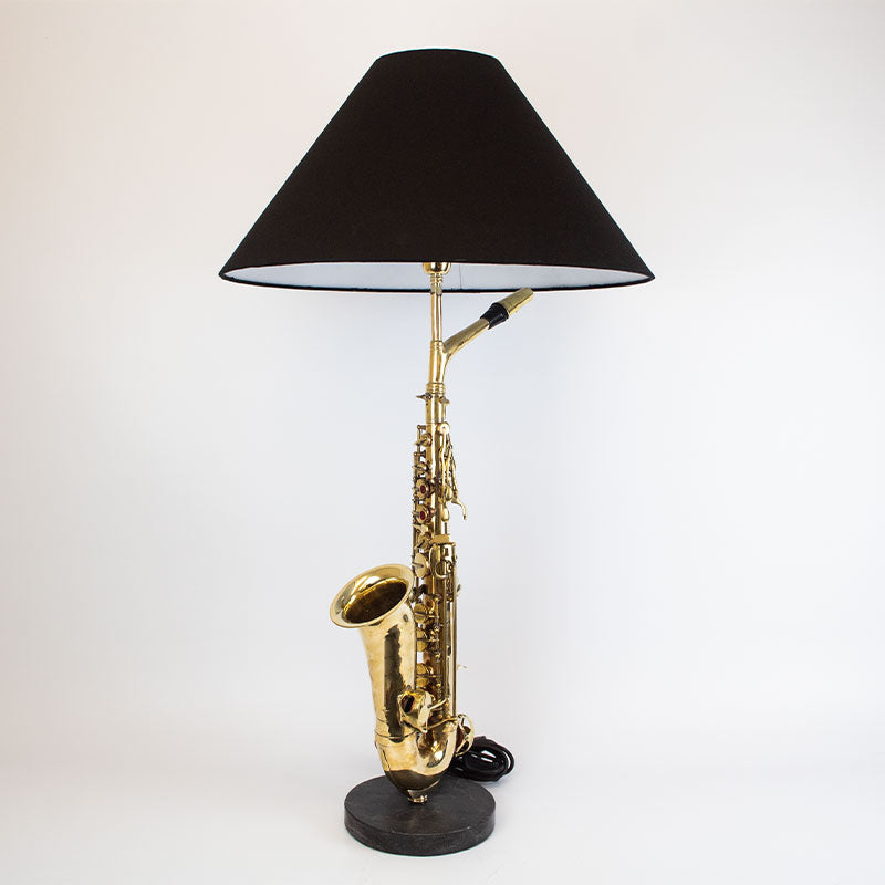 Large Saxophone Table Lamp with Black Shade.