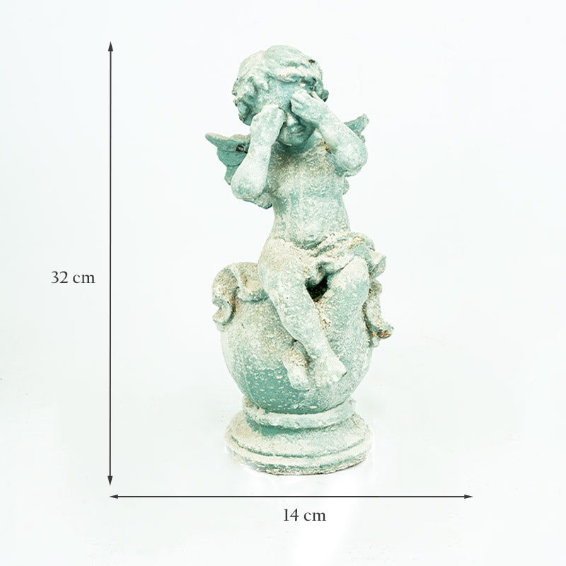 Cast Iron Sitting Cherub in Verdigris Finish.