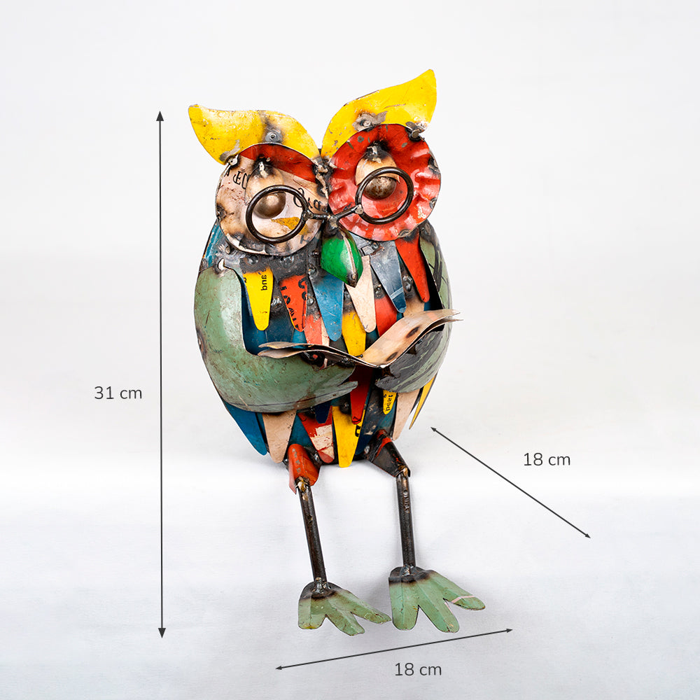 Recycled / Upcycled Tin Seated Owl Sculpture.