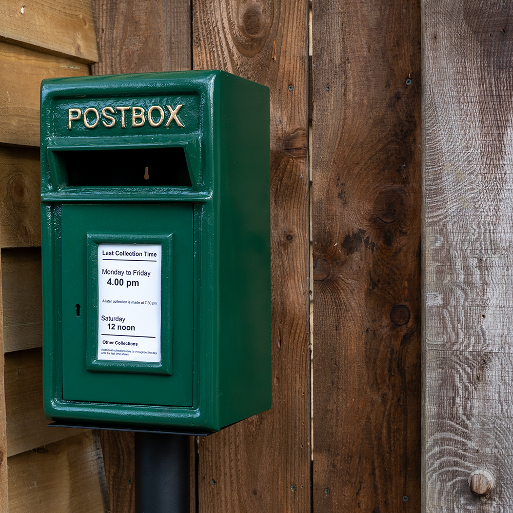 Traditional Cast Iron Green Post Box With Stand.